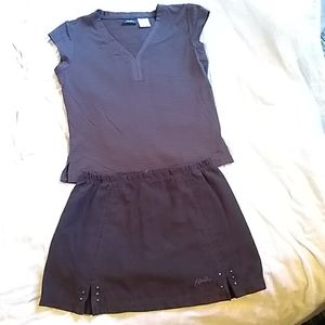 4-Piece Kaelin, velvet-soft, brown jacket, pant, skirt, & top. Coord activewear.